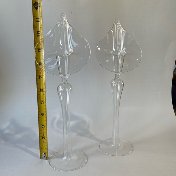 Vintage hand blown Calla Lilly glass candle holders clear Jack in the Pulpit S/2 - Picture 3 of 10